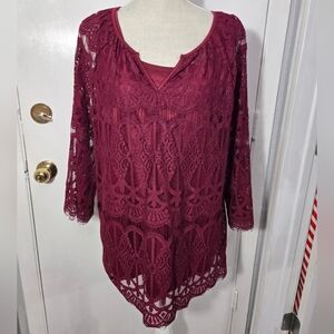 Valerie Stevens Lace Overlay Blouse Lined Sz Large